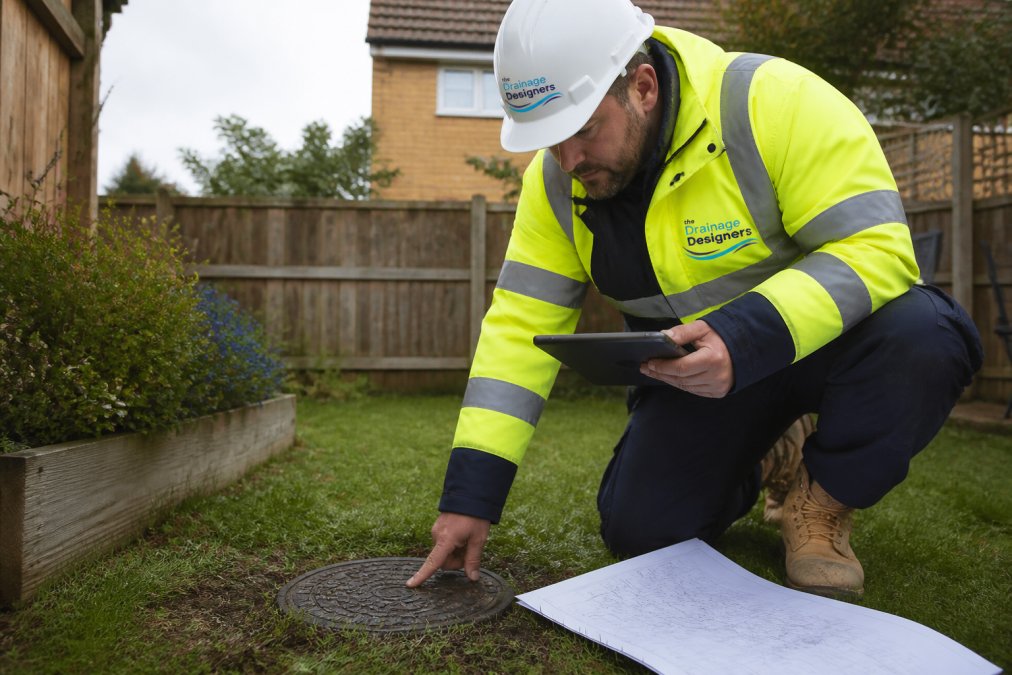 A drainage engineer in high-visibility clothing using a tablet and a sewer map to locate a manhole cover in a residential back garden during a site survey
