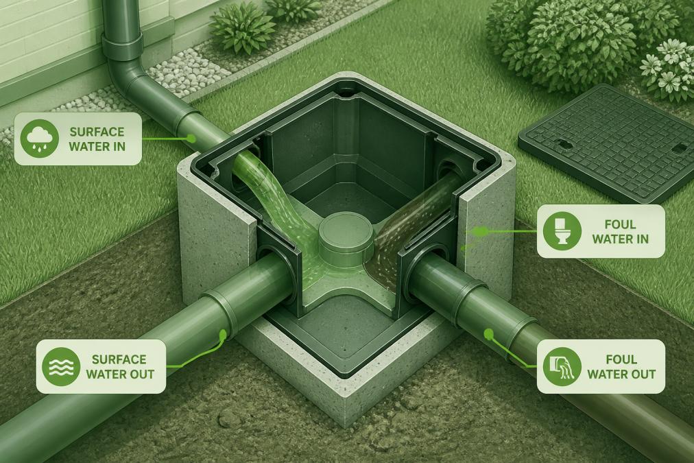 Close-up of a drainage inspection pit with visible pipe connections, water flow channels, and concrete surround in a residential garden setting