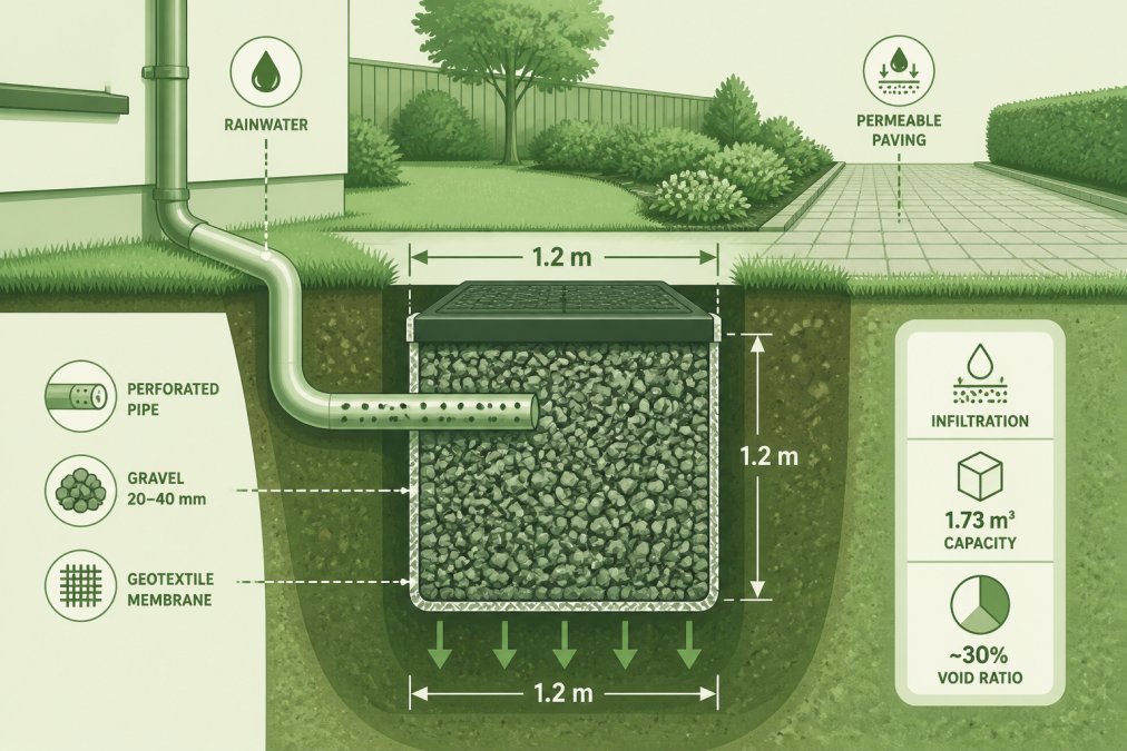 An installed soakaway pit in a residential garden showing gravel-filled structure with perforated pipe connections, surrounded by landscaping and permeable paving