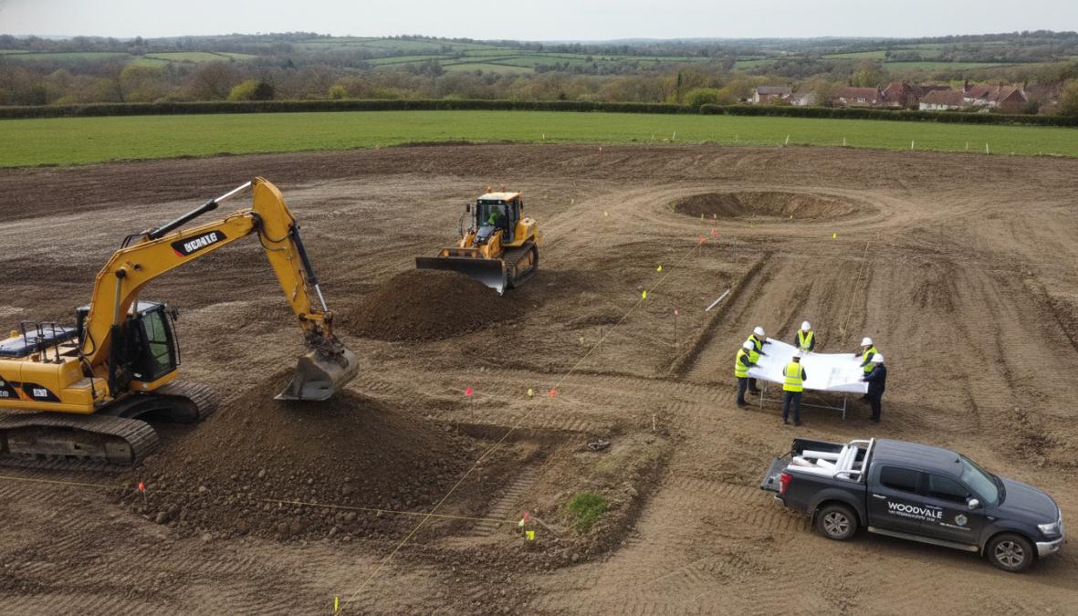 Civil engineer reviewing topographic survey of residential development site with drainage overlay, measuring terrain with GPS equipment in daylight
