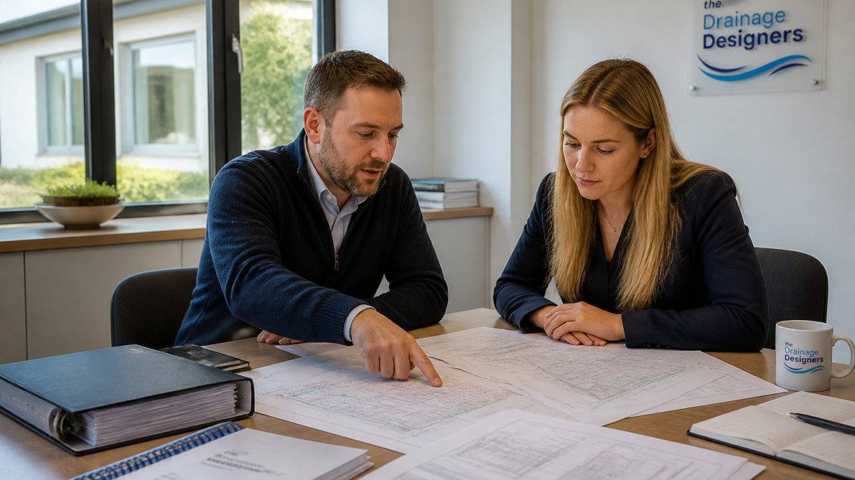 A planning officer and a drainage engineer reviewing site drainage layout drawings on a table in a bright office, with a site plan and documents visible