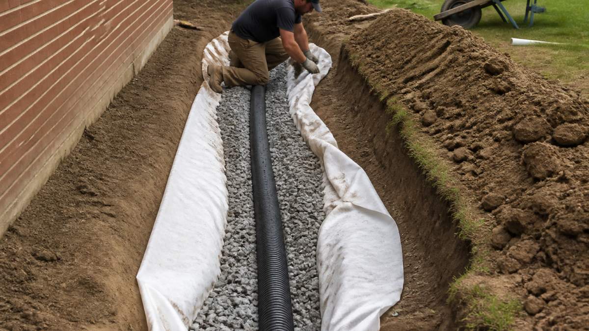 Professional installing a French drain with gravel and fabric as effective drainage solutions for soggy yards