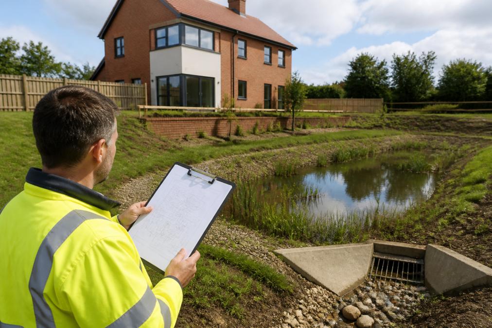Professional site surveyor reviewing drainage strategy requirements and surface water management plans on clipboard during site visit at residential property, with visible drainage infrastructure and site topography in background