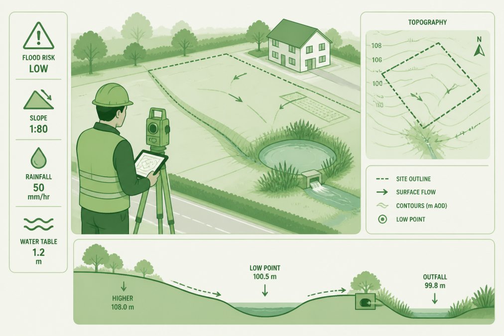 Professional conducting site assessment during flood risk survey, examining water drainage patterns and site topography with surveying equipment visible, showing visible water management features and site conditions