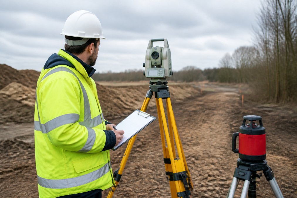Surveyor on site with topographical survey equipment, clipboard, measuring tools, and laser level equipment during site assessment for drainage planning in overcast daylight