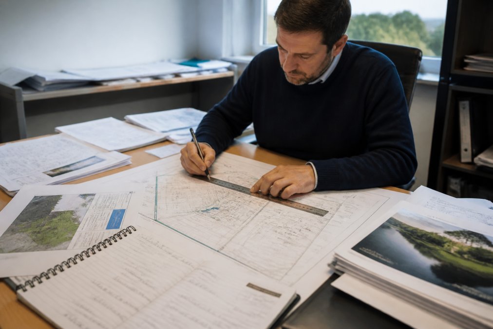 Professional reviewing drainage design plans and technical drawings at desk with site plans, consultation notes, and hydrological reports visible in natural office lighting