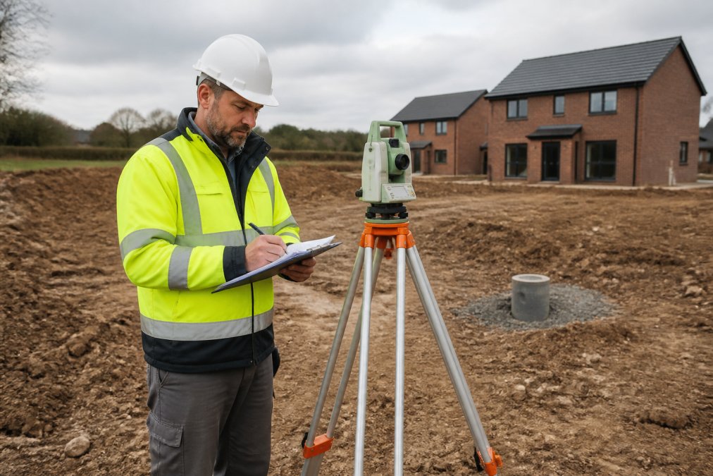 Professional surveyor examining ground conditions with measuring equipment and clipboard on a residential development plot, reviewing site drainage layout
