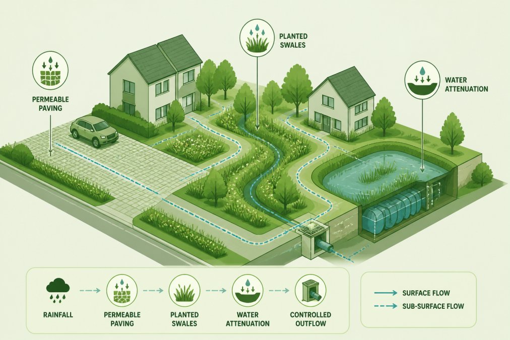 Sustainable drainage installation showing permeable paving, planted swales, and water attenuation features on a residential development site with clear water flow channels