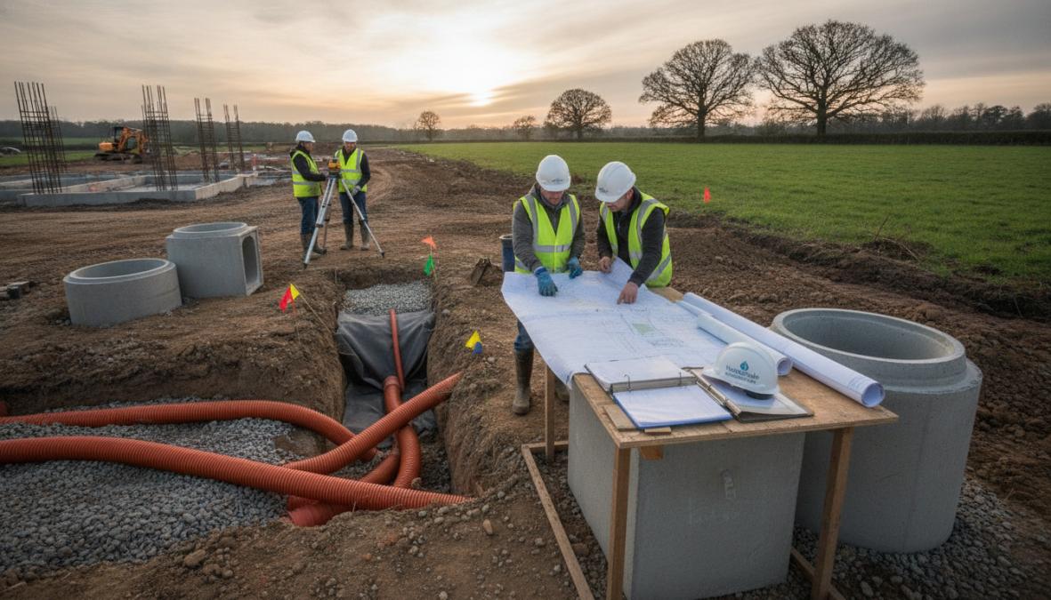 Site engineer measuring and surveying ground conditions on a residential property with drainage assessment equipment, examining soil and taking measurements with theodolite