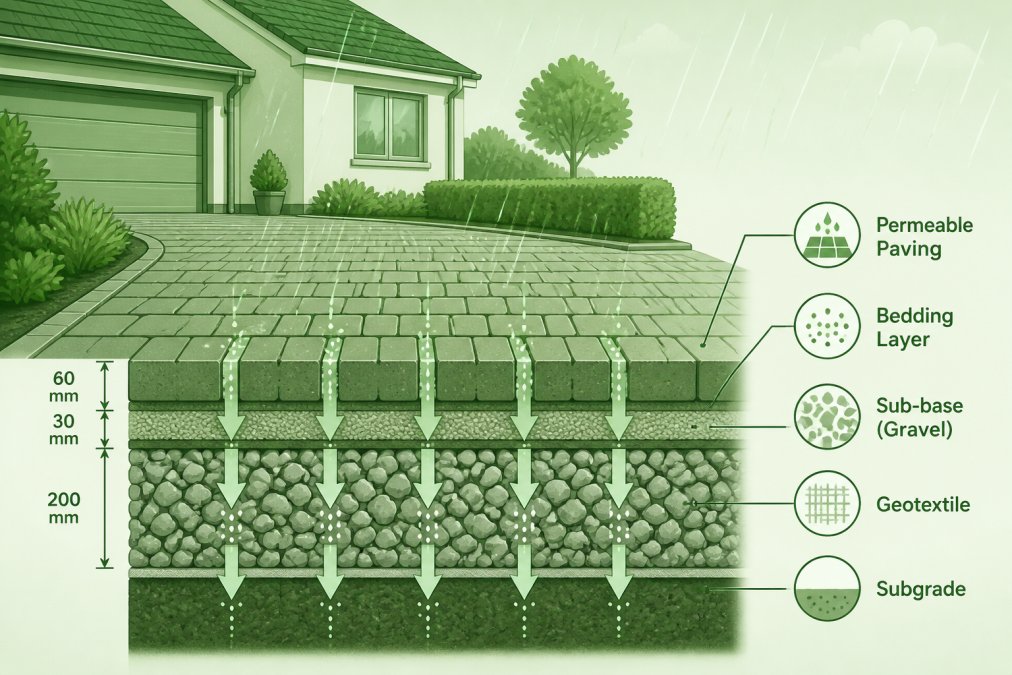 Permeable paving installation on residential driveway showing water infiltration through surface, with gravel base layer visible in cross-section, rain falling gently on hardstanding
