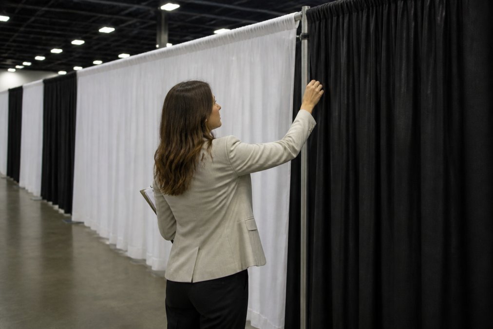 A corporate event planner inspecting a pipe and drape setup with black and white fabric panels in a large convention hall, checking the fabric quality and height of the drapes