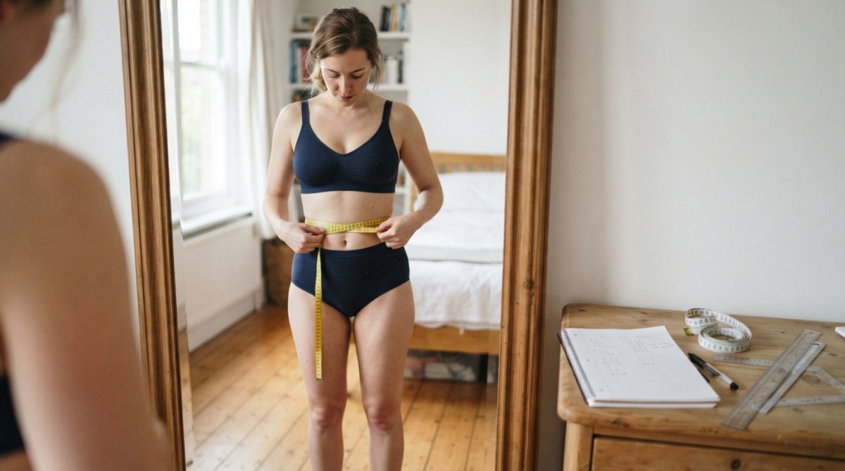 Woman standing in front of a mirror with a soft measuring tape around her waist, wearing fitted undergarments, demonstrating proper posture for taking accurate dress measurements at home