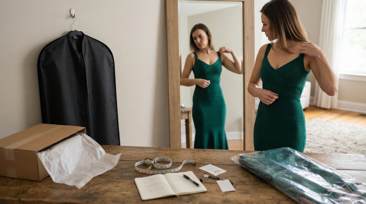 Woman trying on a formal bandage dress indoors with natural lighting, checking the fit at the waist and shoulders, looking at her reflection to assess comfort and silhouette