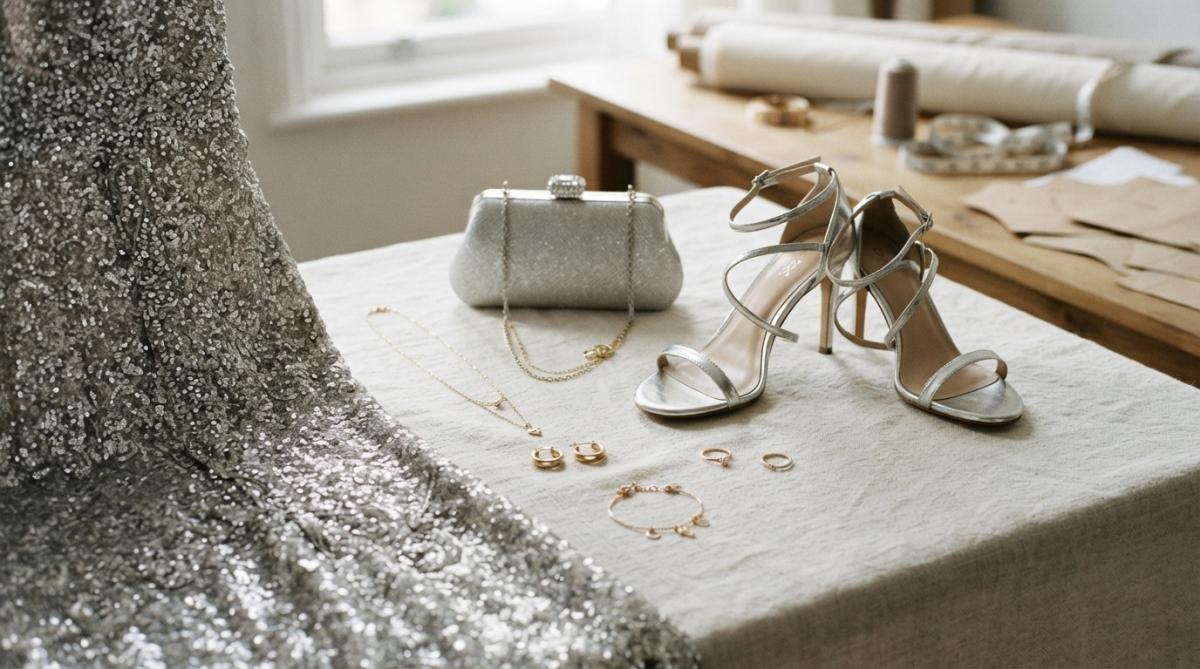 Close-up flat lay of evening accessories, strappy silver heeled sandals, a small metallic clutch, and delicate gold jewellery arranged on a textured ivory surface beside the hem of a silver sequin dress