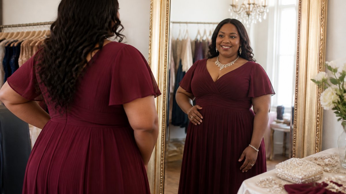 Confident woman wearing elegant dresses for plus size wedding guests, smiling while checking her mirror reflection.