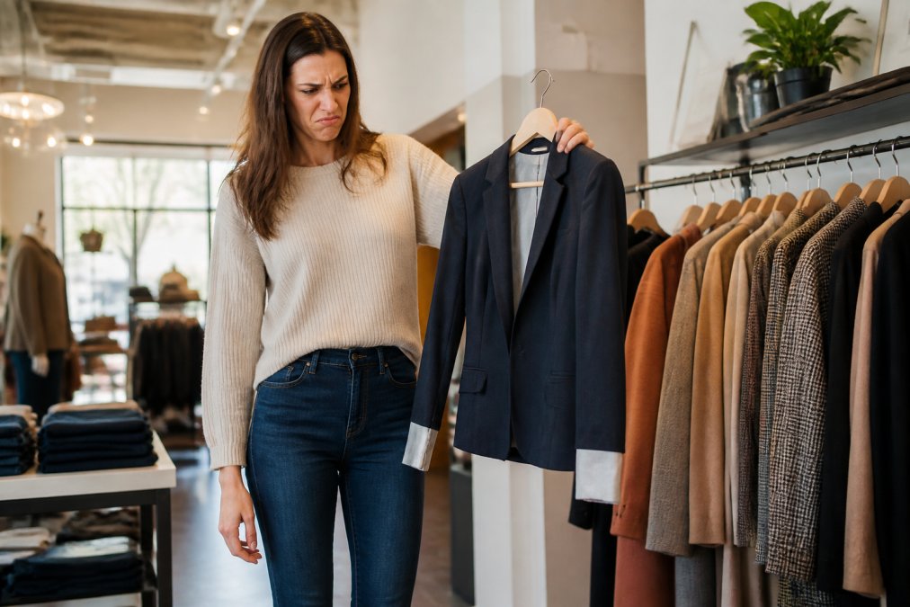 Tall woman frustrated by short blazer sleeves illustrating the fit struggles of a 6 foot 5 height frame.