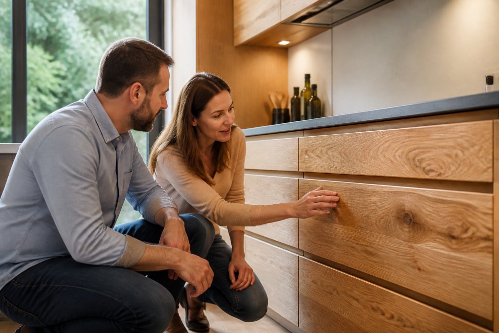 Detailní záběr na texturu masivního dřeva u kuchyňské linky, která vyniká při srovnání dřevěná vs laminátová kuchyně v