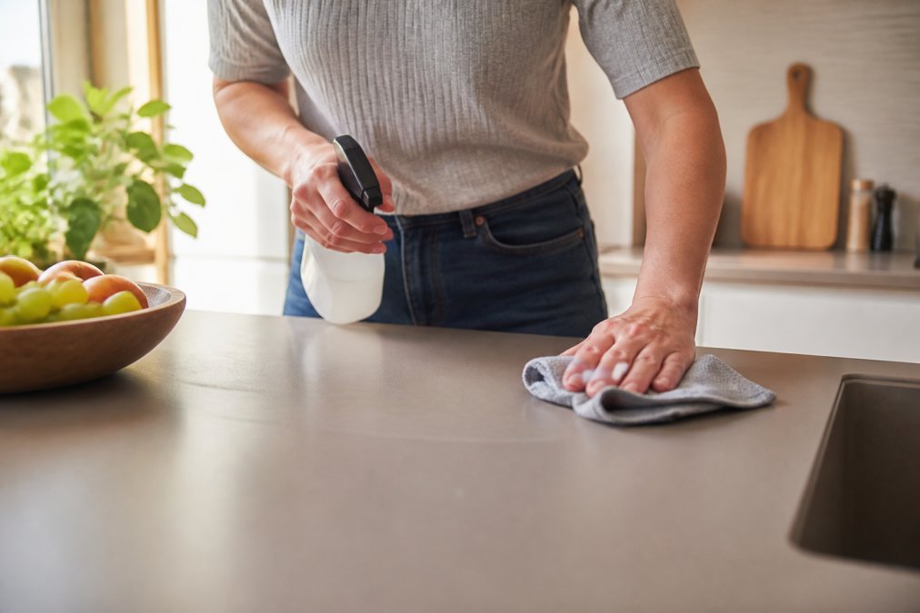 Ruce čistí povrch laminátové kuchyně měkkým hadříkem, což je rozdíl oproti údržbě, když řešíte dřevěná vs laminátová kuchyně.