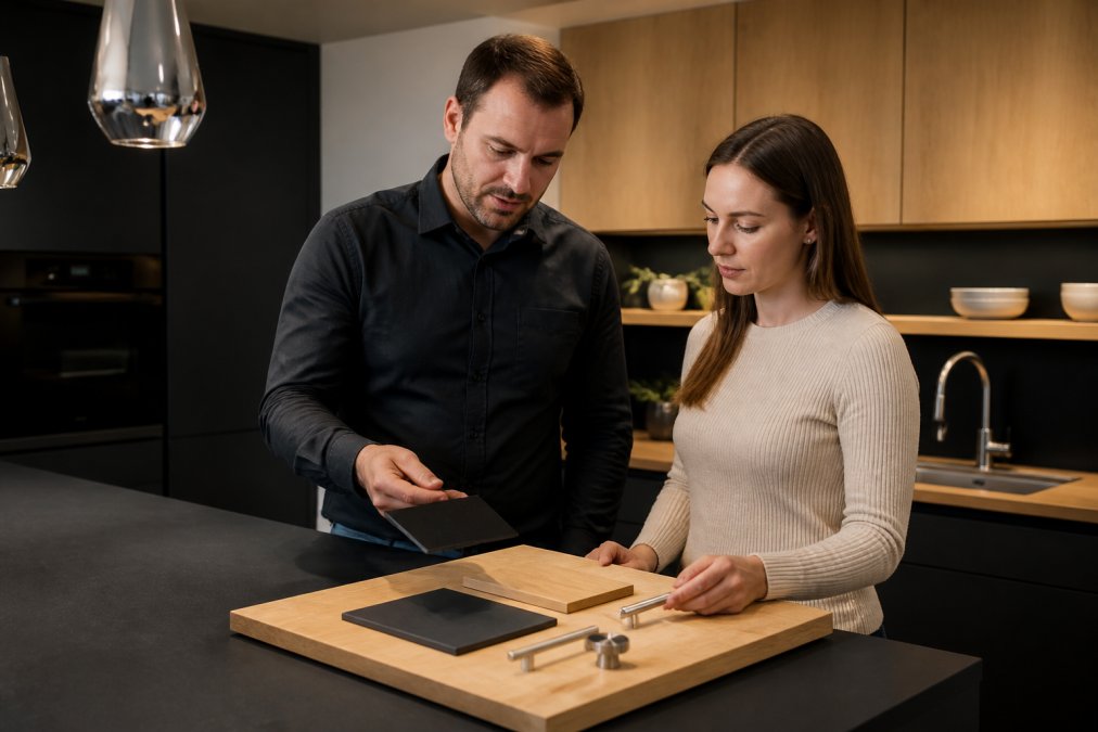 Detailní záběr na&nbsp;textury matné černé pracovní desky a&nbsp;světlé dřevo a&nbsp;černá kuchyně s&nbsp;moderním osvětlením a&nbsp;kovovými doplňky.
