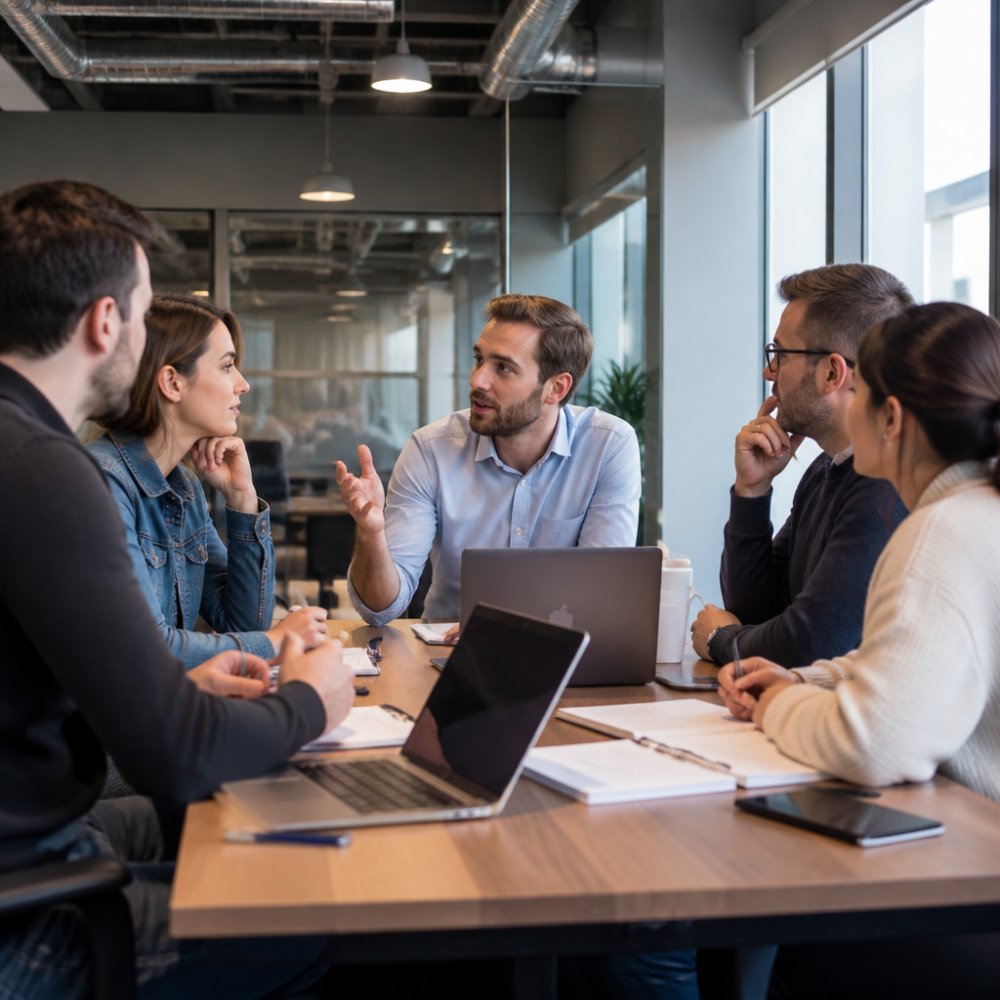 Sales team in modern office reviewing customer conversations and analytics across multiple screens, engaged in strategy discussion with laptops and notepads visible on the desk