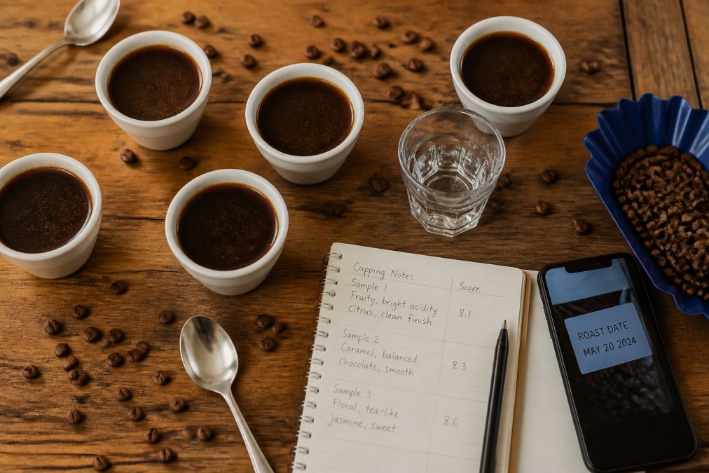 Overhead shot of a home coffee cupping setup on a wooden kitchen table: multiple small white cups filled with dark coffee, a spoon, scattered whole coffee beans, and a notebook with handwritten tasting notes beside a smartphone showing a roast date label