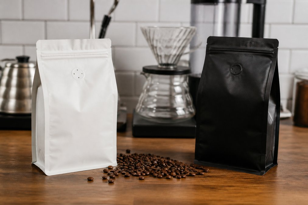 Two coffee bags from different roasters side by side on a wooden counter, with coffee beans scattered between them and a brewing setup slightly blurred in the background