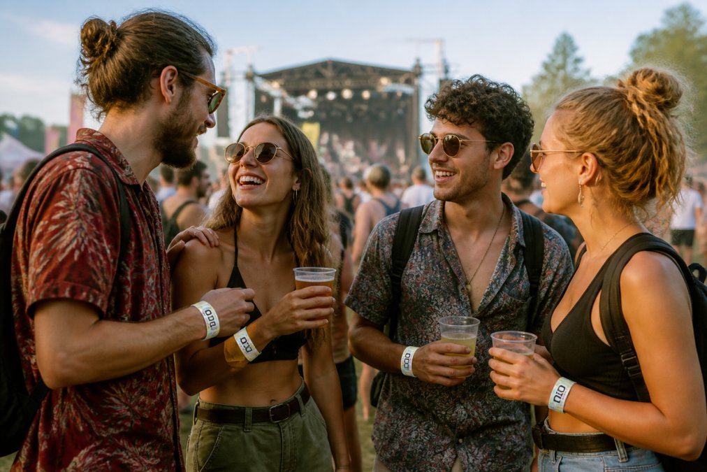 Group of young adults at a festival standing together with drinks, engaged in conversation and watching out for each other, natural daylight
