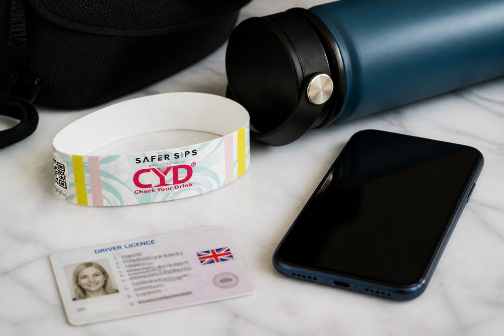 Close-up of festival essentials laid out on a bright surface: drink covers, test strip wristband, reusable water bottle, phone, and identification card