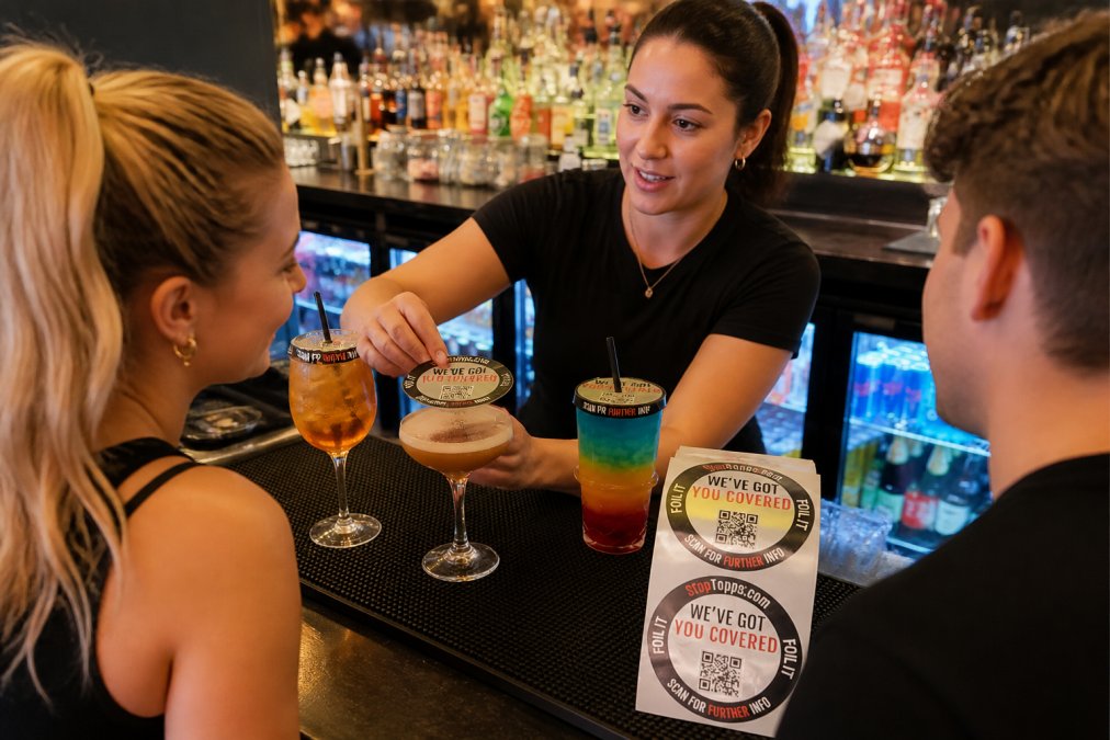 Bar staff member demonstrating how to place a protective drink cover on a glass while speaking to colleagues in a busy venue, with warm ambient lighting and bottles visible in background