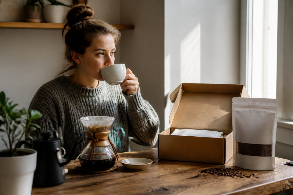 Coffee enthusiast at a home desk tasting coffee from a white ceramic cup, with a subscription box and whole bean bag nearby, morning light streaming from a nearby window