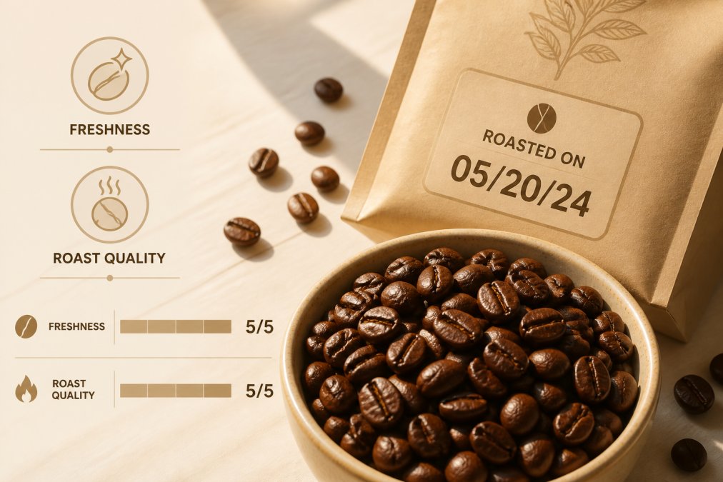 Close-up of freshly roasted coffee beans showing glossy surface and rich dark brown color, with visible roasting date printed on kraft paper bag, morning sunlight highlighting bean texture and detail