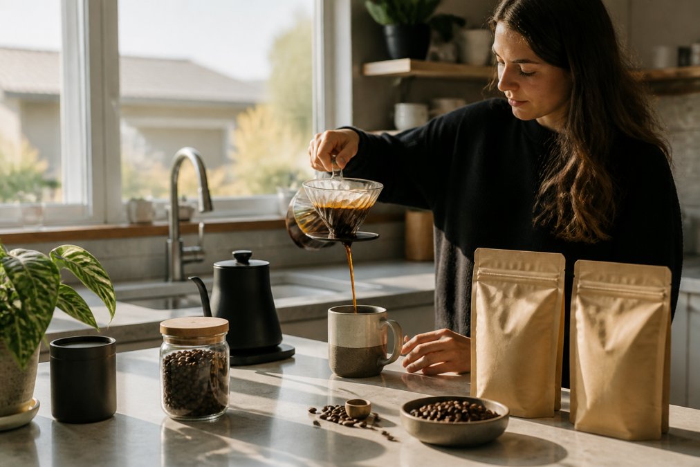 Person in home kitchen pouring freshly brewed coffee from a pour-over dripper into a ceramic mug, with bags of specialty coffee beans and brewing equipment visible on the counter in natural morning light