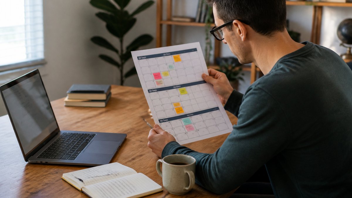 Person at a desk reviewing a 30-60-90 day calendar to plan targeted traffic growth