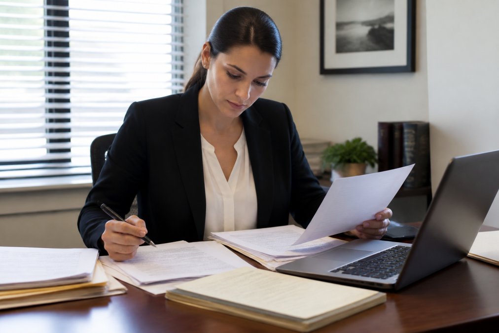 Person sitting at desk reviewing legal documents and completing forms, with laptop and notepad visible, organized papers spread out in natural office lighting
