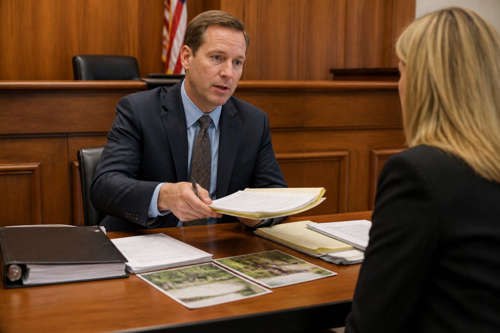 Professional in business attire presenting documents at a formal desk in a hearing room setting, with organized files and evidence materials visible, professional lighting