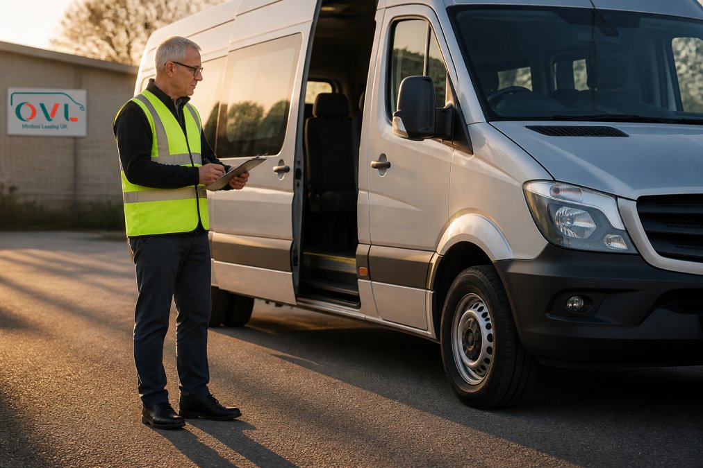 Volunteer driver performing a minibus safety inspection with a checklist, meeting driver training requirements.