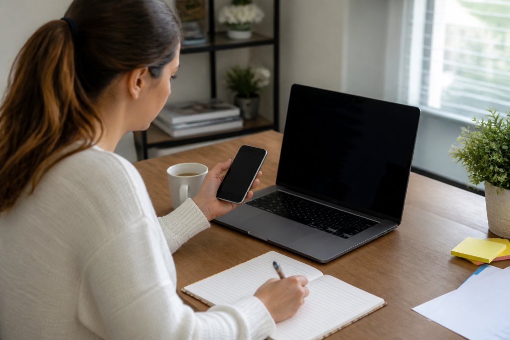 Person sitting at a desk with a laptop and phone, navigating the NY DMV website portal while taking notes on a notepad in a modern home office with natural daylight