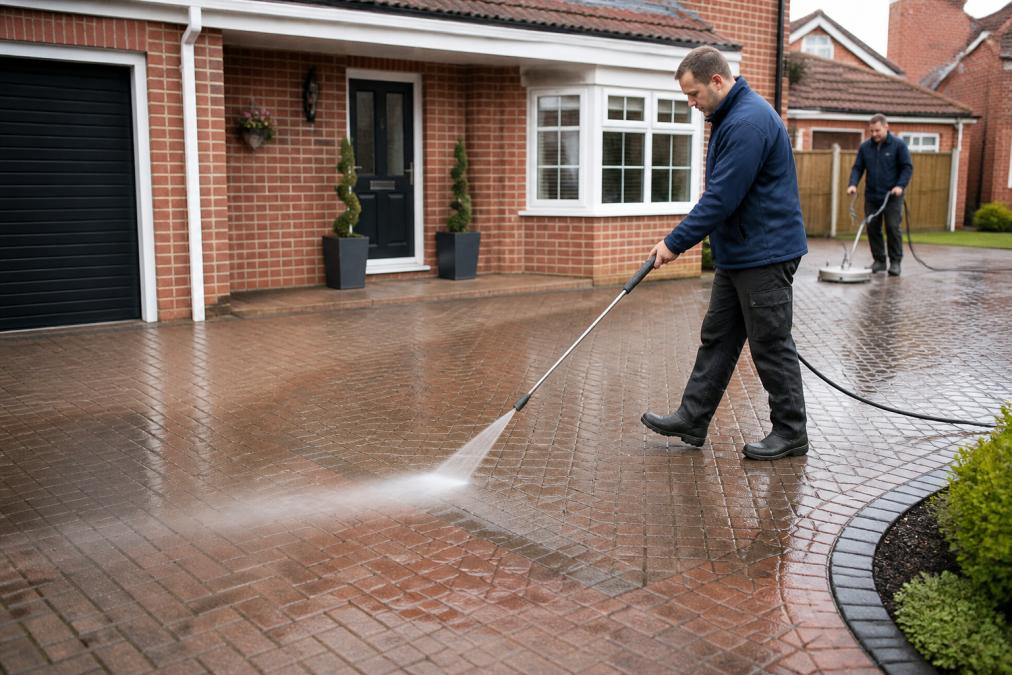 A clean block paving driveway outside a well-maintained UK brick house, with the cleaning team using a low-pressure wand to rinse the surface in soft daylight
