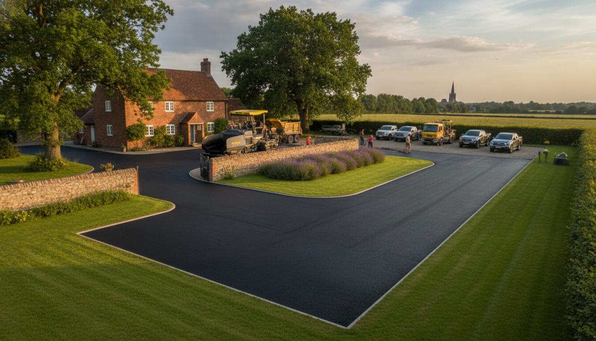 A freshly completed resin-bound driveway outside a traditional Norfolk red-brick home on a clear sunny day, with crisp edges, a smooth amber-toned surface finish, and a black iron gate in the background