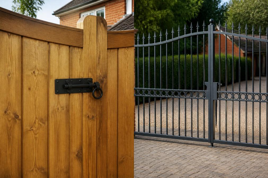 Close-up view of a well-maintained timber driveway gate on a residential property in Norfolk, with the latch and wood grain visible