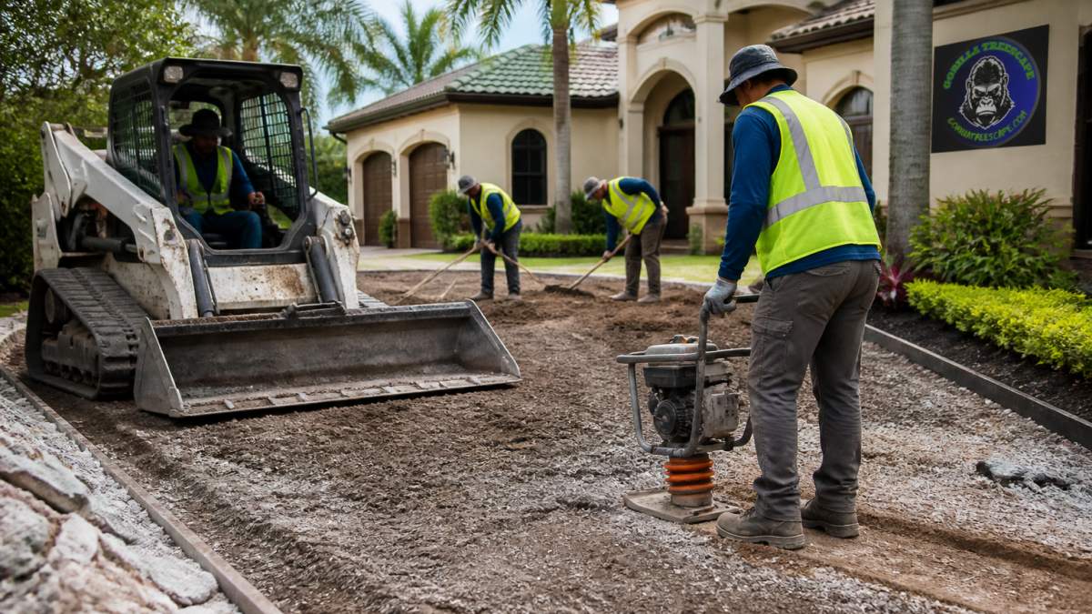 Professional construction crew actively excavating and preparing the sub-base of a residential driveway, with heavy equipment and workers in safety gear visible on the property