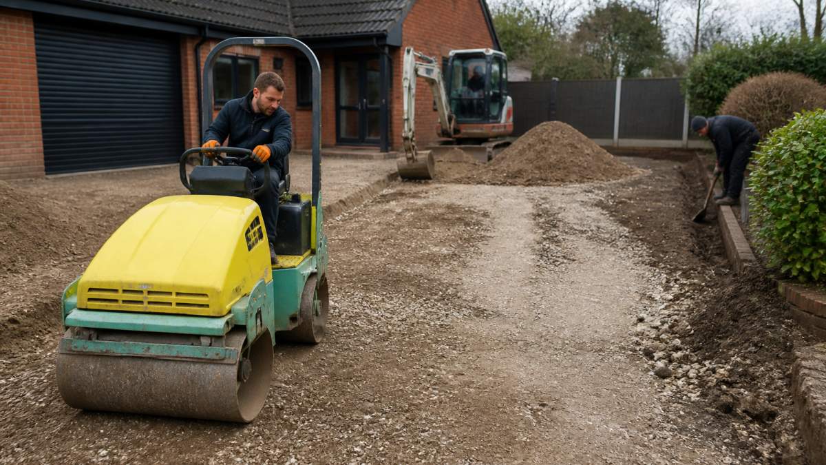 Professional paving team compacting and preparing driveway base with machinery, showing excavation work in progress on residential property in Norfolk