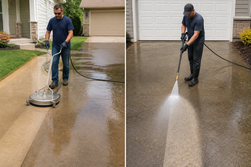 A homeowner in safety goggles and work gloves using a circular surface cleaner attachment on a concrete driveway, with a pressure washer hose trailing behind and a clean stripe visible on the wet pavement