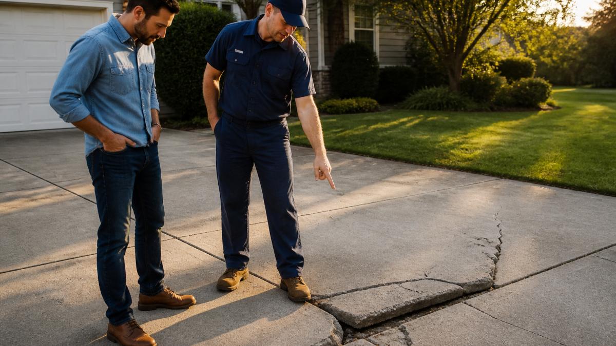 Homeowner and contractor discussing concrete driveway repair options for cracks and a sunken slab