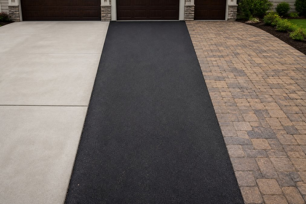 Wide-angle view of three distinct driveway surface sections displayed side by side: freshly poured light gray concrete with clean edges, dark charcoal asphalt with a smooth finish, and decorative permeable pavers in earth tones with visible drainage gaps between units