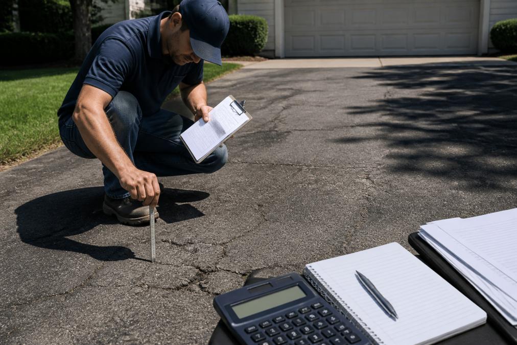 Professional paving contractor examining cracked asphalt driveway with measuring tool and clipboard, assessing surface damage and base layer condition in bright daylight