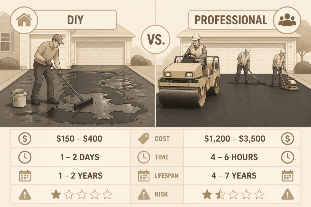Split-screen scene showing homeowner applying asphalt sealer with visible uneven coverage and puddles on one side, and professional paving crew with heavy compaction equipment properly preparing driveway surface on other side