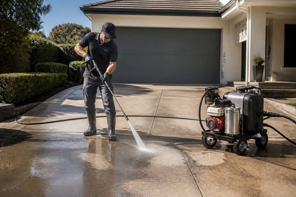Contractor using a pressure washer to clean a concrete surface before driveway resurfacing begins.