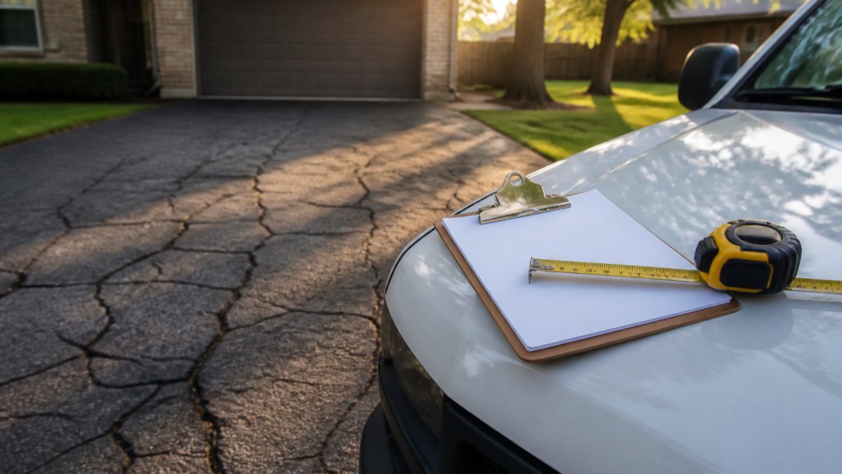 Contractor tools on a truck hood overlooking a cracked asphalt driveway in need of driveway resurfacing