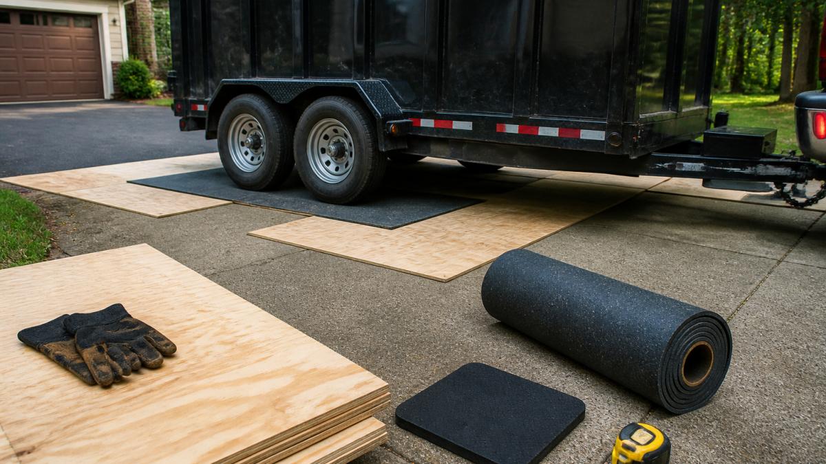 Professional placing rubber-wheeled dump trailer on residential driveway with protective plywood sheets and rubber matting visible underneath the axles